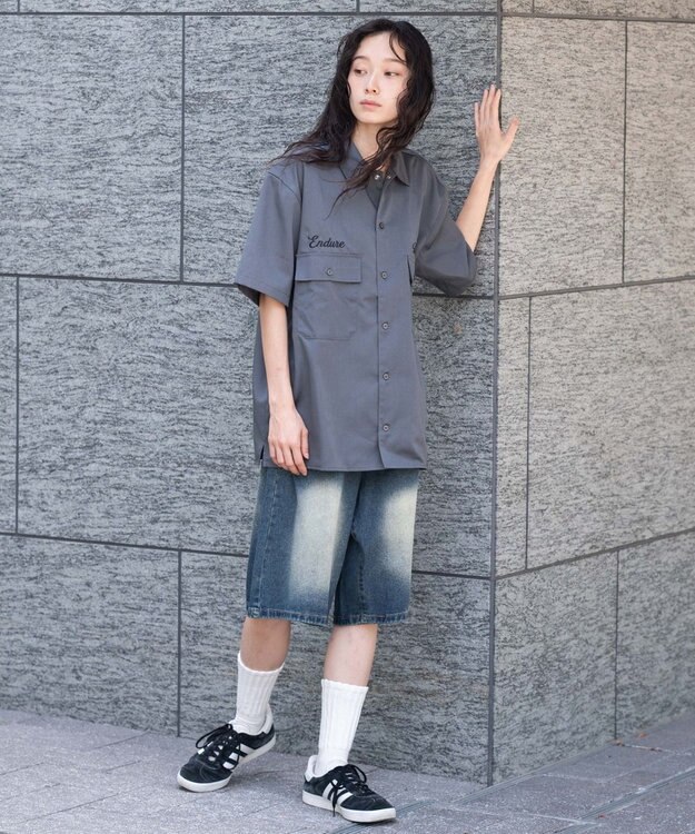 WEGO 【ユニセックス着用ITEM】刺繍ロゴツイルワークシャツ ブラック中濃色