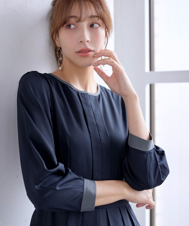 Tiaclasse L 【セレモニー・新色追加】キーネックフレアワンピース ネイビー×グレー