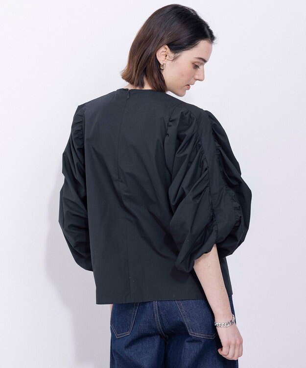 NAVE 【Nave・洗える】タイプライタークロス ギャザーブラウス ブラック系