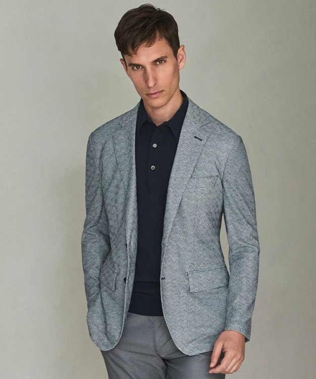 GOTAIRIKU ３年連続売上NO1【吸水速乾/洗える/ストレッチ】ノルマンディーリネン カーディガンジャケット(25/26年モデル) サックスブルー×ヘリンボーン柄(26年新色)