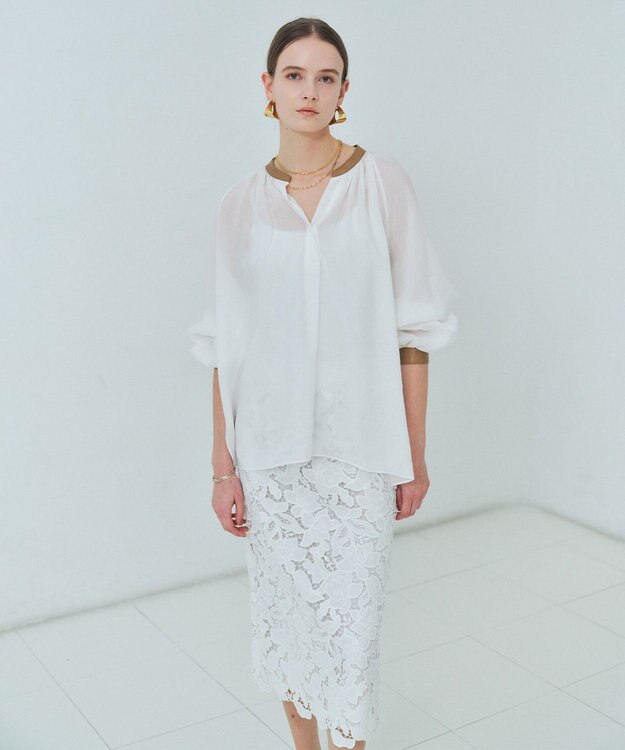 BEIGE， PAULINE / リネンヴィスコースフェイクレザー配色ブラウス White