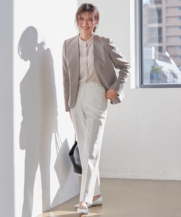 23区 L ハウンドトゥースプリント スタンドカラー ブラウス ベージュ千鳥柄