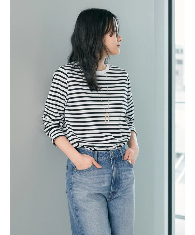 AMERICAN HOLIC Ｄａｉｌｙ！　抗菌防臭クルーネックカットプルオーバー Border Black