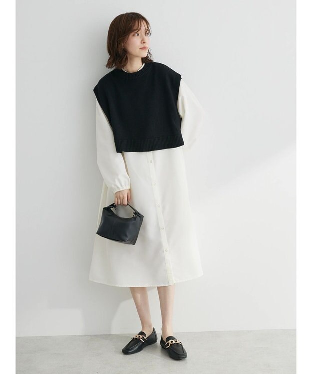 Green Parks ＳＥＴ２点　ニットベスト＋シャツワンピース Black