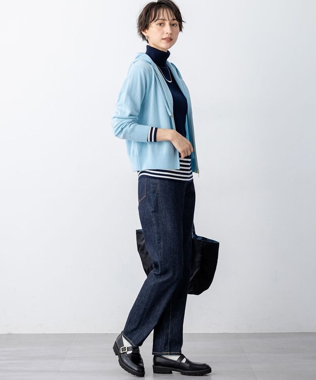 23区 L 【見上愛さん着用/洗える】ピュアカシミヤ ジップアップ ニット パーカー スカイブルー系