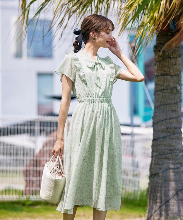 Tiaclasse 【洗える】花柄ボウタイフレアワンピース ミント