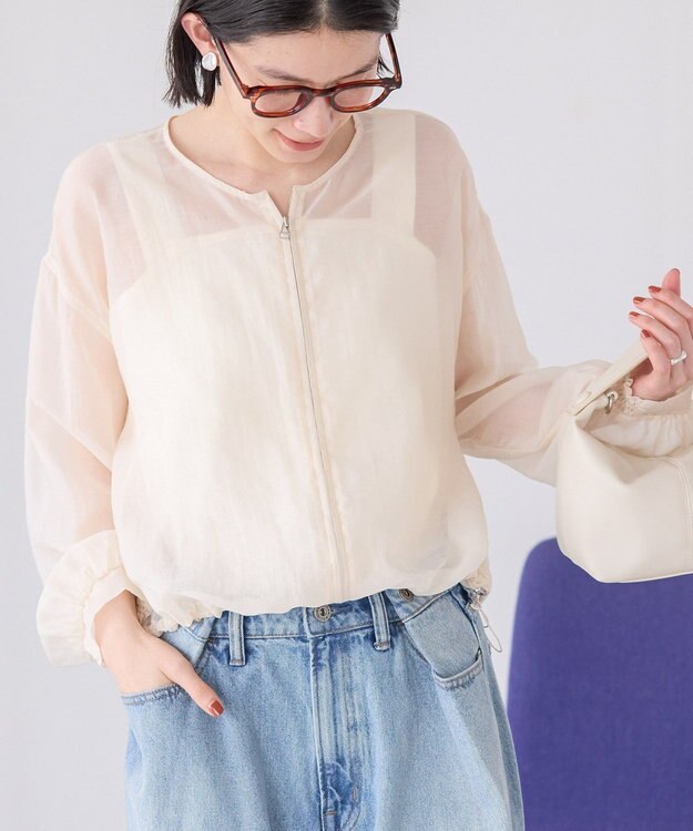 AMERICAN HOLIC ノーカラーシアーＺＩＰブルゾン Ecru