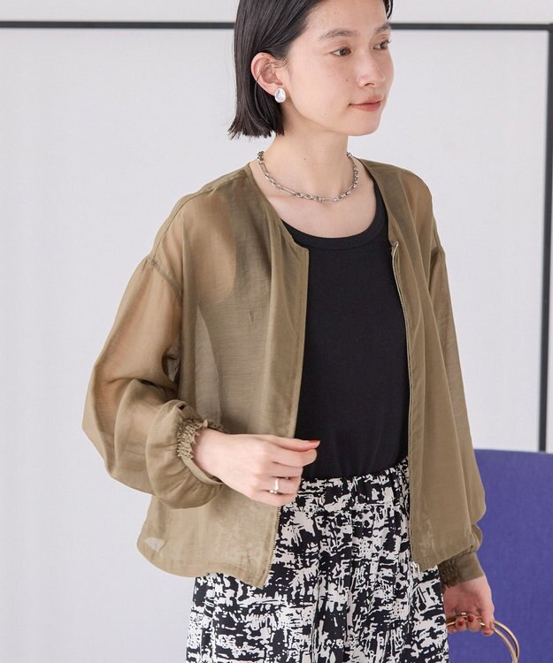 AMERICAN HOLIC ノーカラーシアーＺＩＰブルゾン Ecru