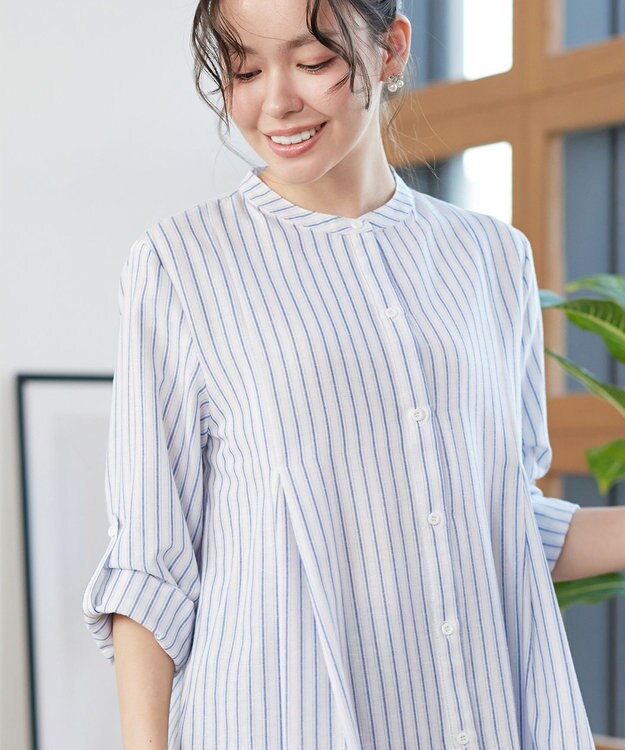 Tiaclasse L 【新色追加】バンドカラーシャツチュニックブラウス オフホワイトストライプ