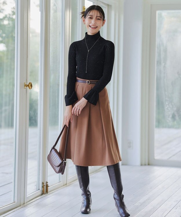 Tiaclasse 【洗える】スパンコールハイネックリブニットトップス ブラック