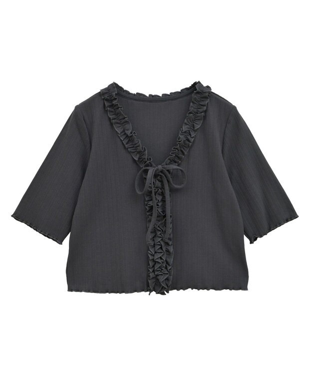 earth music&ecology フリルカットリブカーディガン Charcoal Gray
