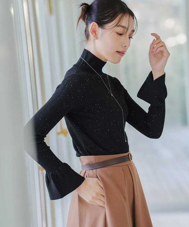 Tiaclasse 【洗える】スパンコールハイネックリブニットトップス ブラック