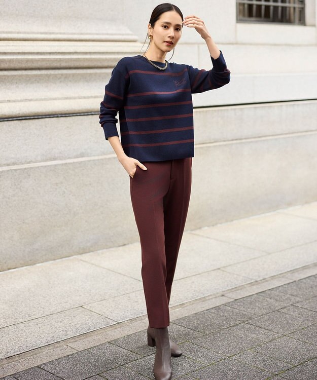 自由区 L コットンウールハイゲージボーダー ニット ネイビー×ボルドー