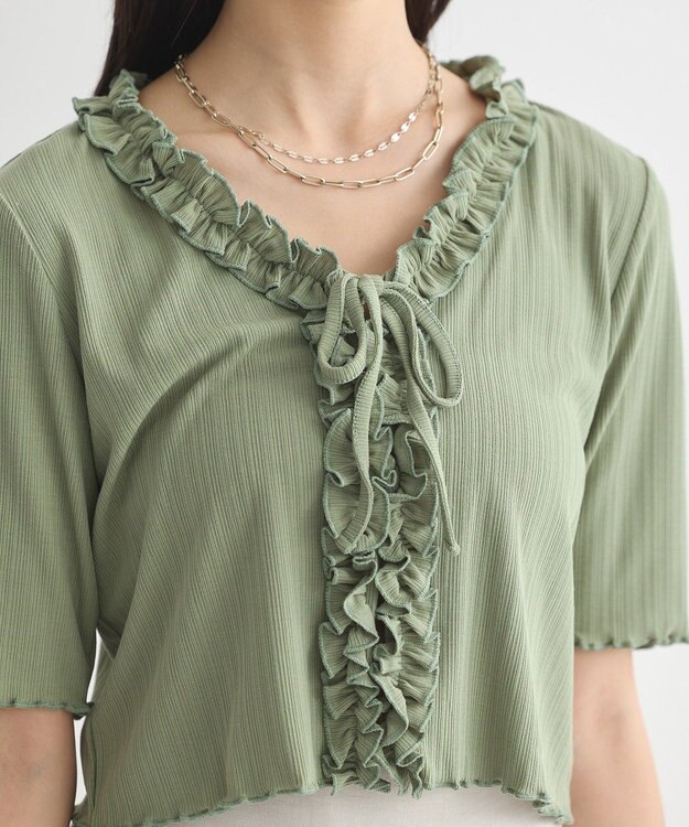 earth music&ecology フリルカットリブカーディガン Green