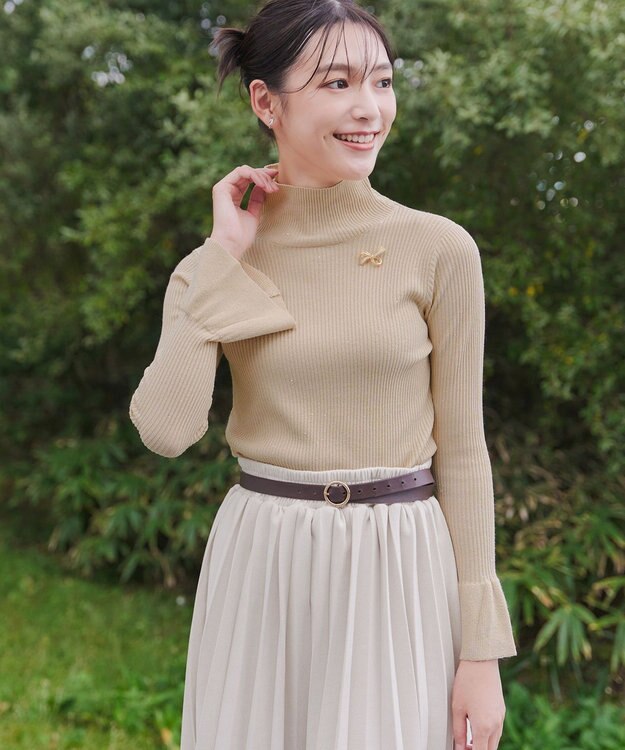 Tiaclasse 【洗える】スパンコールハイネックリブニットトップス ベージュ