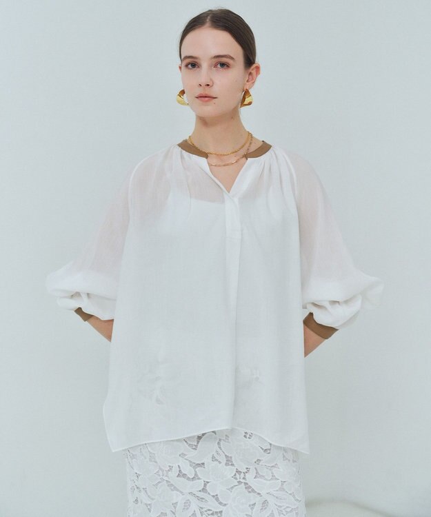 BEIGE， PAULINE / リネンヴィスコースフェイクレザー配色ブラウス White
