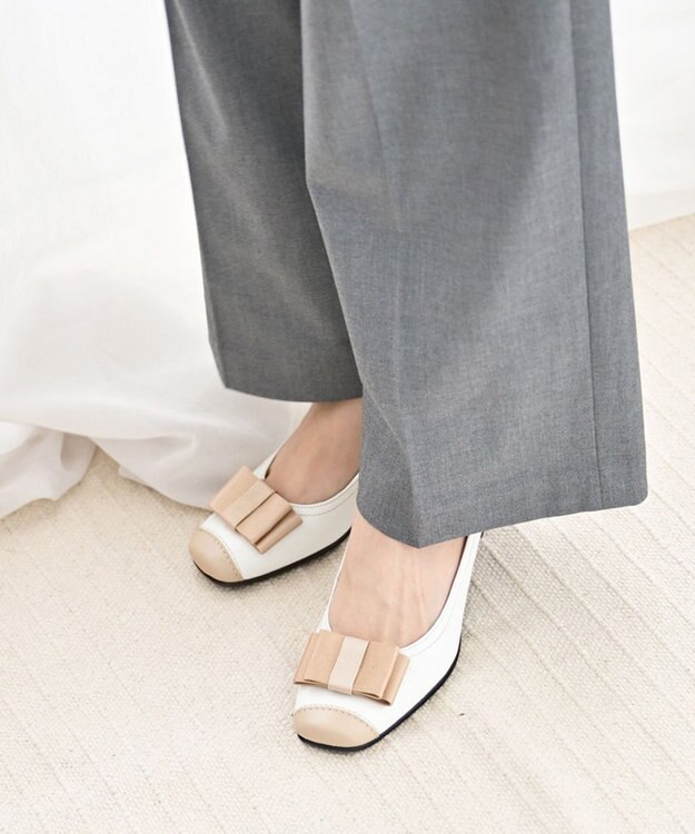 Pointer 日本製 リボンラウンドトゥパンプス オフホワイト×ベージュヌメ