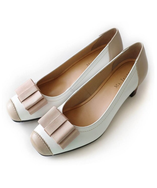 Pointer 日本製 リボンラウンドトゥパンプス オフホワイト×ベージュヌメ