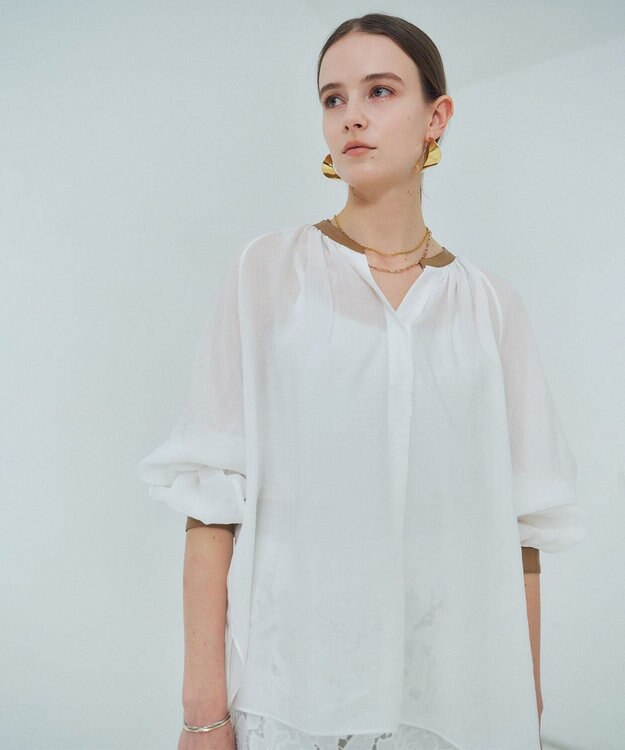 BEIGE， PAULINE / リネンヴィスコースフェイクレザー配色ブラウス White