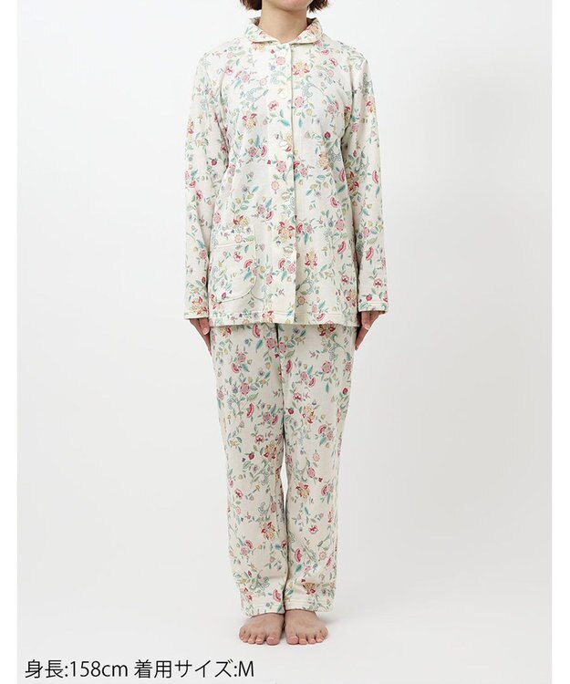 WACOAL パジャマ 長袖 長ズボン 綿混(本体) あったか ミントン 3Lまで対応 大きいサイズ レディース NDW428 /ワコール ホワイト