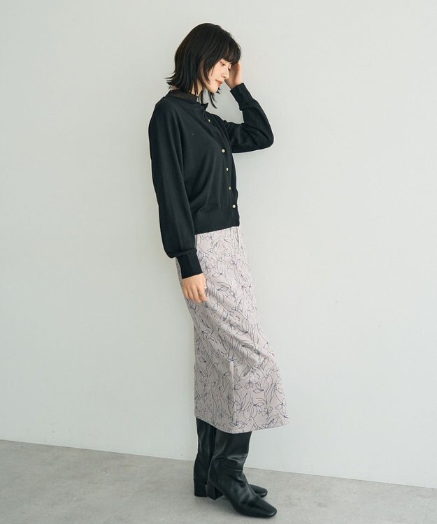 YECCA VECCA ラインフラワー柄フェイクスエードスカート Charcoal Gray