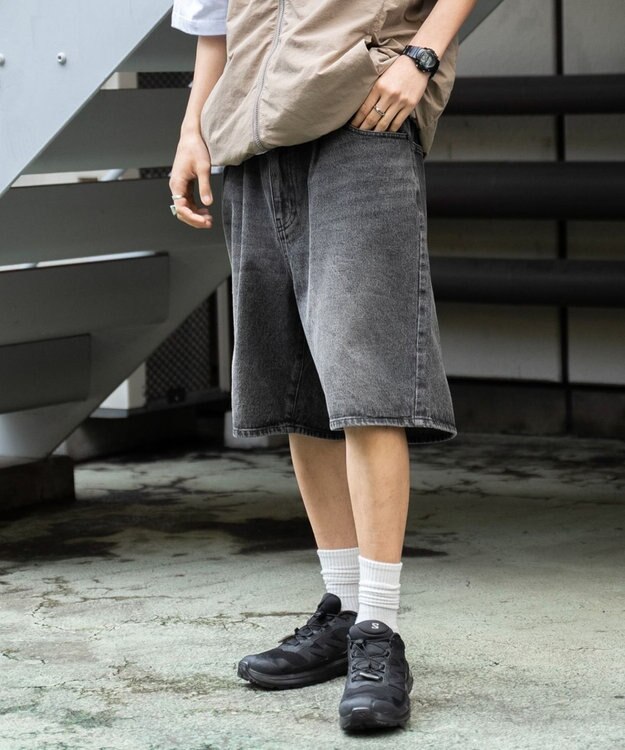 WEGO 【ウエストゴム/手洗い可】デニムバギーショーツ グレー