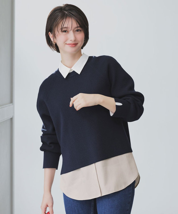 ANY SIS L ニットレイヤード シャツ ツインセット ネイビー×グレージュ