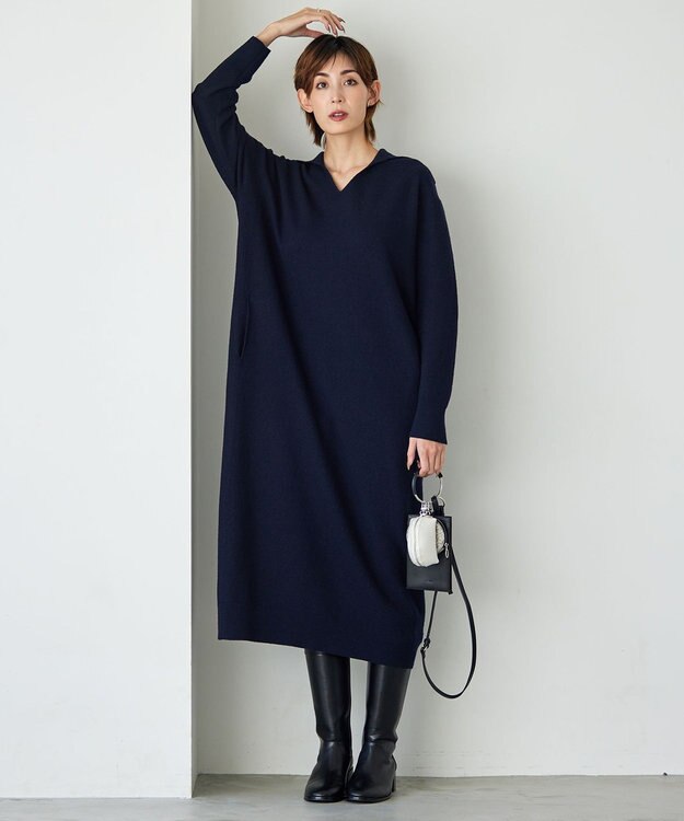ICB L ミルドウール ニットワンピース ネイビー系