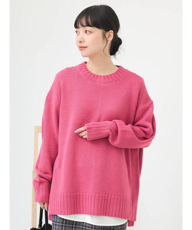 earth music&ecology ウォッシャブル脇スリットクルーネックプルオーバー Pink