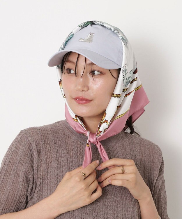 MOONBAT PAUL&JOE ACCESSOIRES(ポール & ジョー) シルクスカーフ 空 オーステルリッツ記念柱 ネコと毛糸 気球 65cm×65cm 手洗いOK ピンク