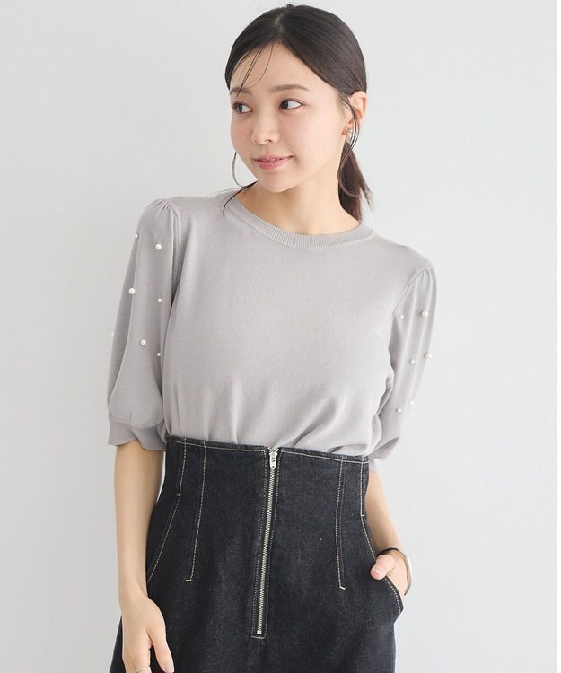 earth music&ecology パールスリーブニットプルオーバー Gray