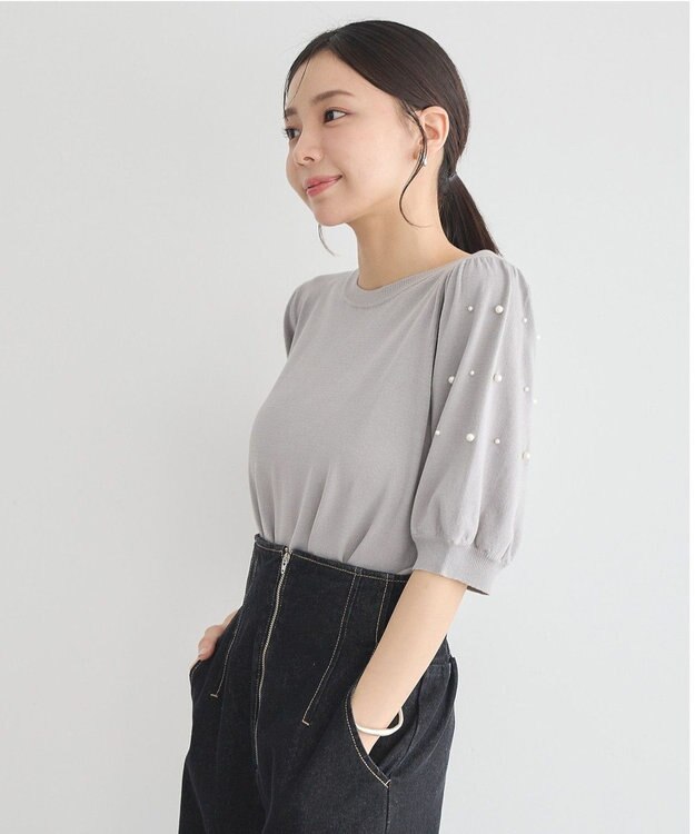 earth music&ecology パールスリーブニットプルオーバー Gray