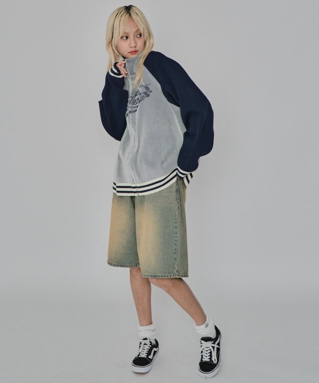 WEGO 【ユニセックス着用ITEM/MLサイズ展開】ラグラングラフィックニットブルゾン オフホワイト