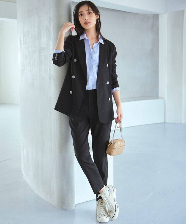 23区 【洗える】リネンレーヨンストレッチ ダブル ジャケット ブラック系