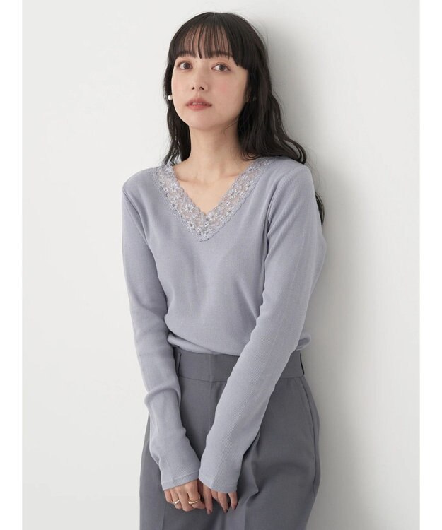 earth music&ecology レースＶネックテレコインナー Grayish Blue