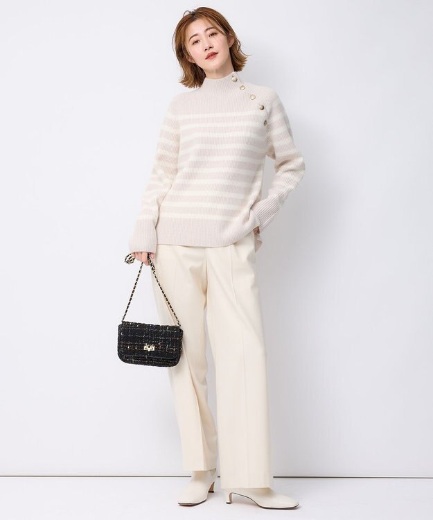 23区 S 【洗える】ウールカシミヤ パネルボーダー ニット ベージュxオフホワイトボーダー