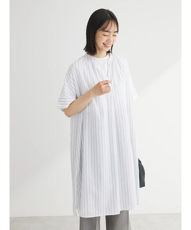 Green Parks 綿麻混スキッパーミニワンピース Stripe Ivory