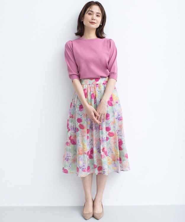 組曲 ピオニーシフォンプリント フレアスカート ピンク系5