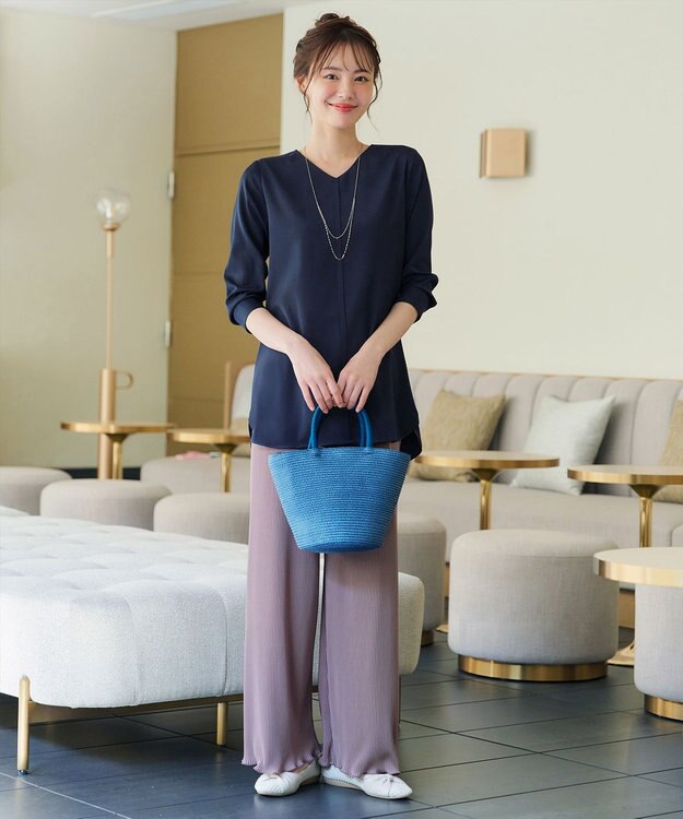 Tiaclasse L 【洗える】ラウンドスリットチュニック ネイビー