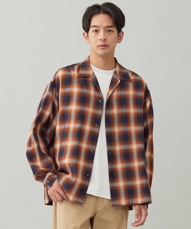 UNFILO MENS 【男女兼用】エアリーシアー オンブレシャツ ブラウンチェック