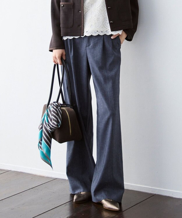 自由区 【セットアップ対応・楽チンキレイ見え】ソフトリネンダンガリーワイド パンツ ネイビー