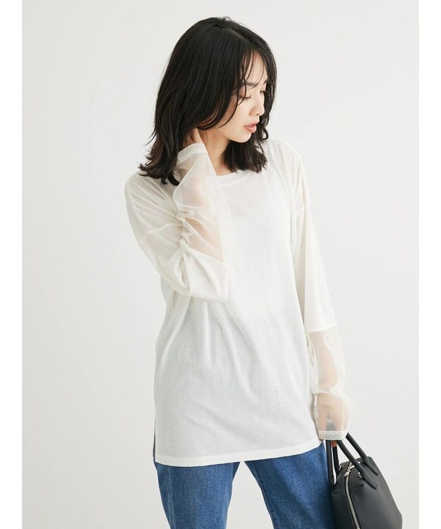 Green Parks 袖チュールドッキングシアープルオーバー Off White