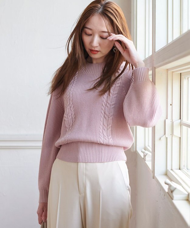 ANY SIS 【洗える】スフレケーブルパフスリーブ ニット ペールピンク