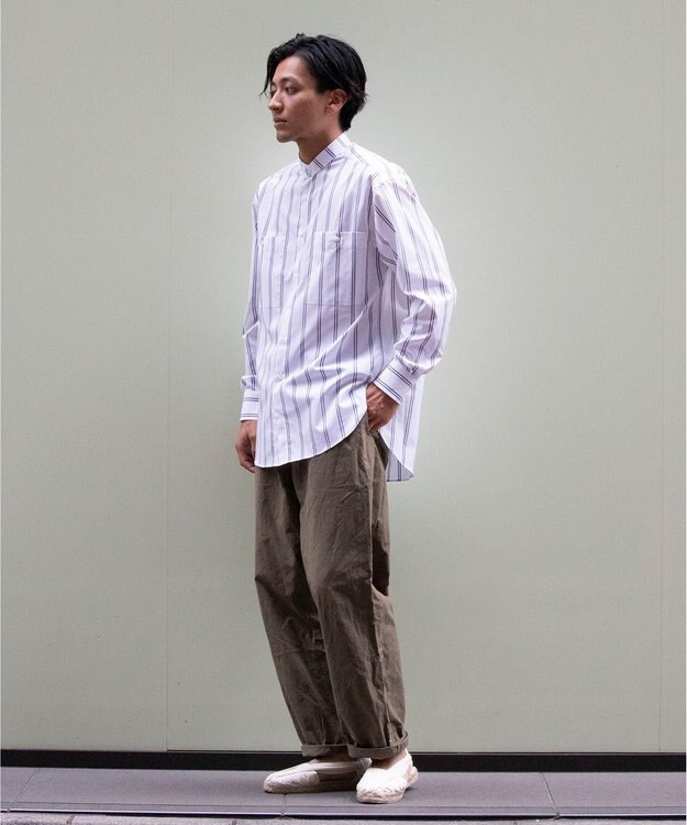 KASHIYAMA GIZA 100/2 バンドカラーシャツ ネイビーレールストライプ