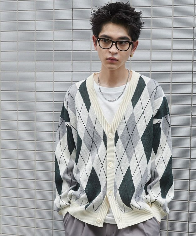 WEGO リラックスフィットパターンカーディガン グリーンチェック1