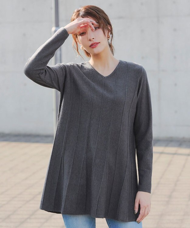 Tiaclasse L 【洗える】ストライプ編みフレアニットチュニック チャコールグレー