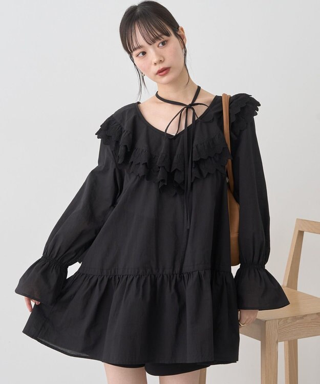 earth music&ecology 【綿100％】サイドリボンラッフルミニワンピース Black