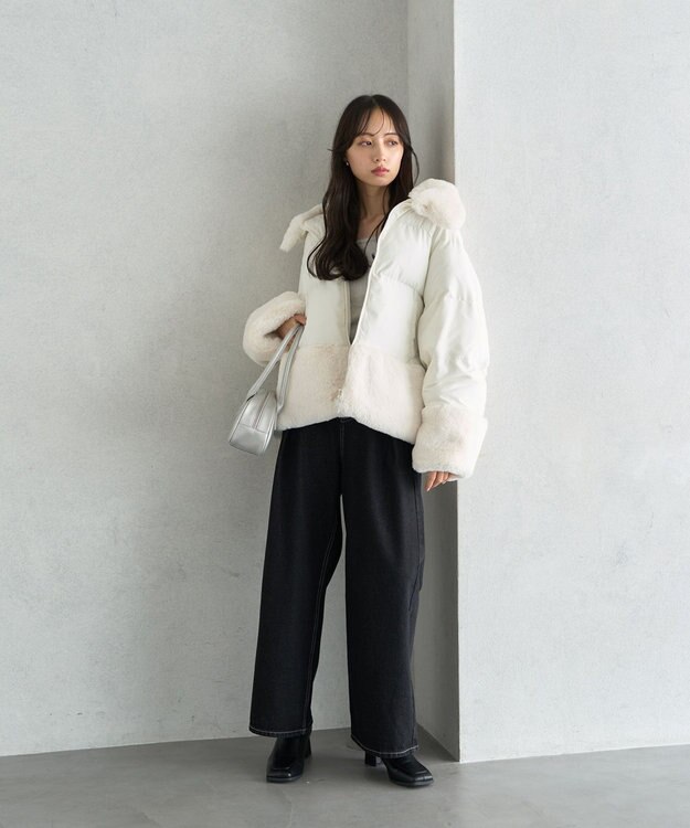 earth music&ecology フードファー中綿ショートコート ホワイト