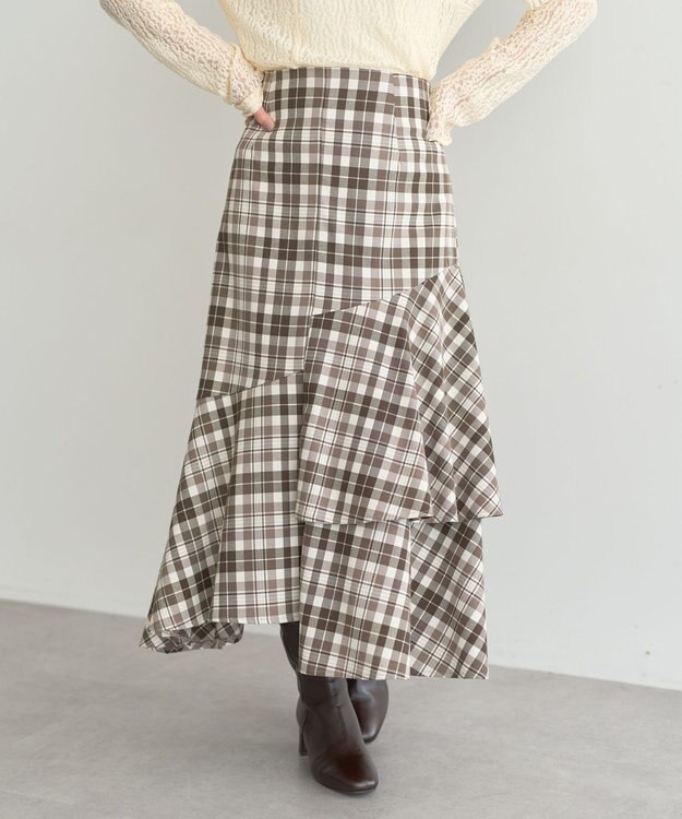earth music&ecology ティアードイレヘムスカート Check Brown