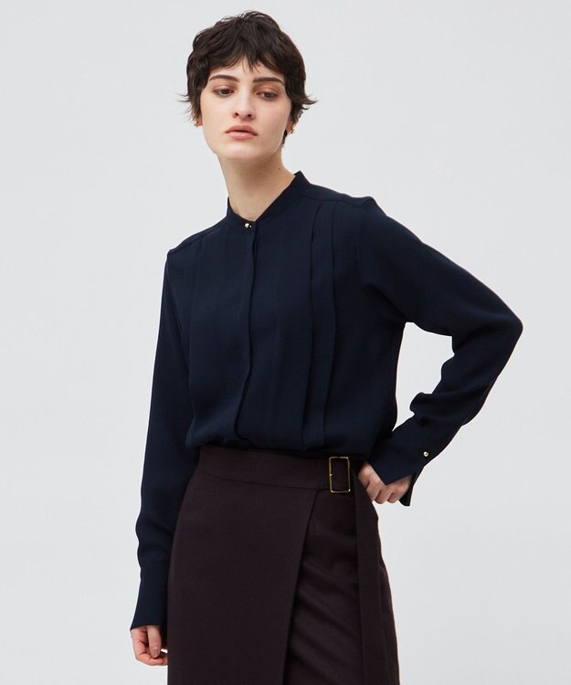 BEIGE， 【洗える】STOW / フロントタックブラウス Navy